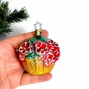 Inge-Glas Flowers Basket Glass Christmas Ornament Gold Green Red Germany
